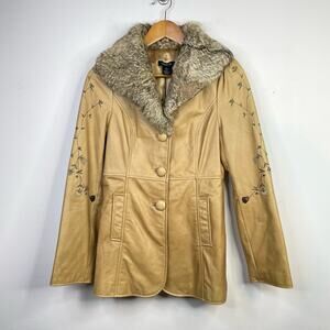 Arden B Y2K Penny Lane Phoebe Embroidered Fur Tan Leather Jacket Coat womens S